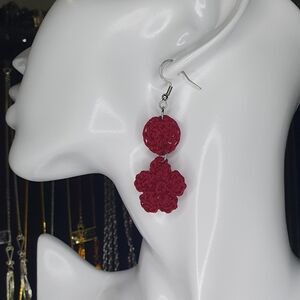 Burgundy crochet flower earrings with stainless steel hook and jump rings